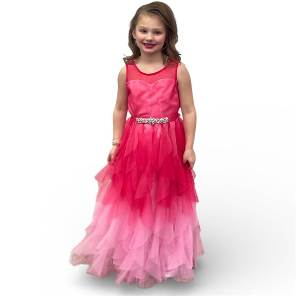 Rare Editions Pink Ombre Layered Dress Rhinestone Belt Glitter Accented Mesh 7
